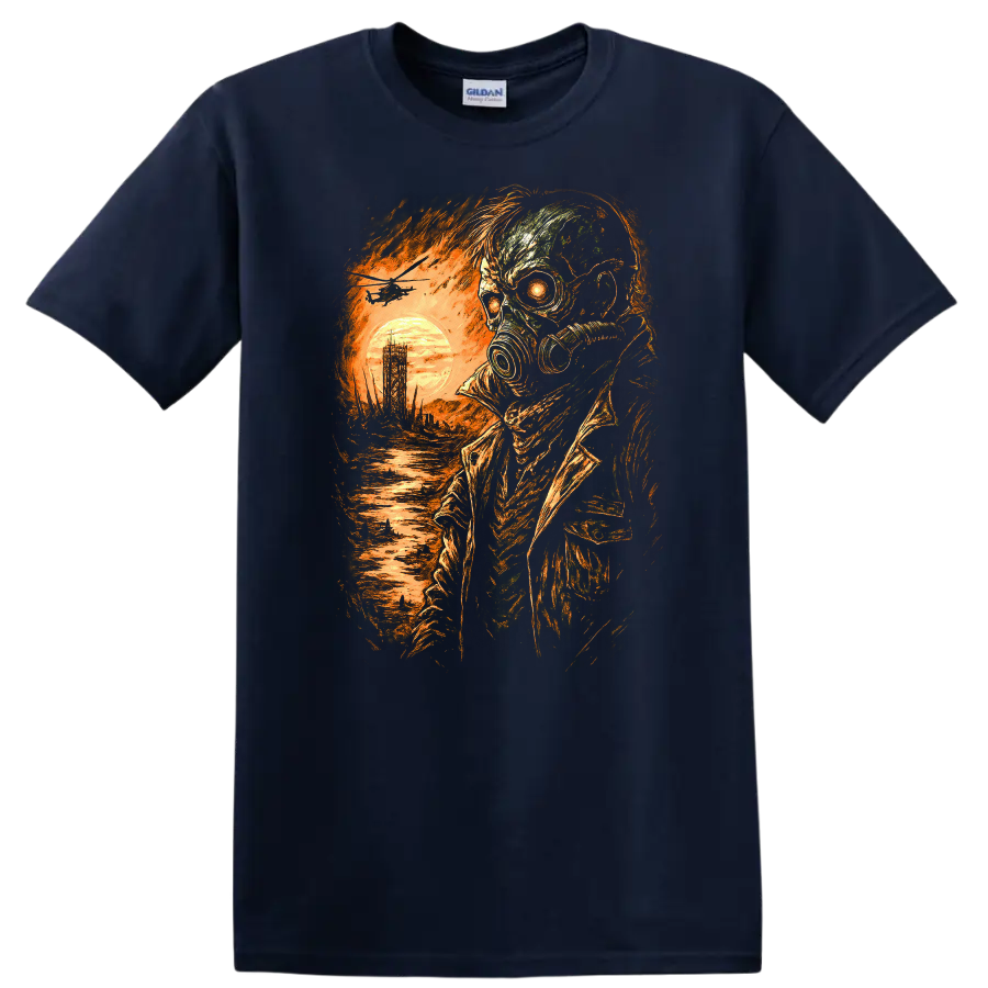 Distressed gothic gas mask skull survivor with fiery sunset and ruined landscape on a Navy (Blue) T Shirt
