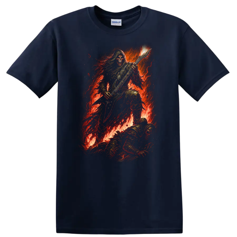 Hooded skeleton guitarist in flames, distressed vintage gothic rock artwork on a Navy (Blue) T Shirt
