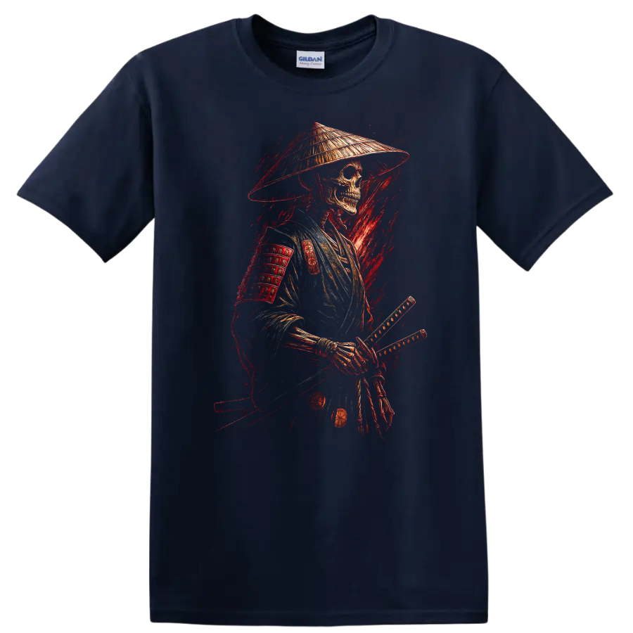 Vintage gothic samurai skeleton warrior in armor with conical hat and swords on a Navy (Blue) T Shirt