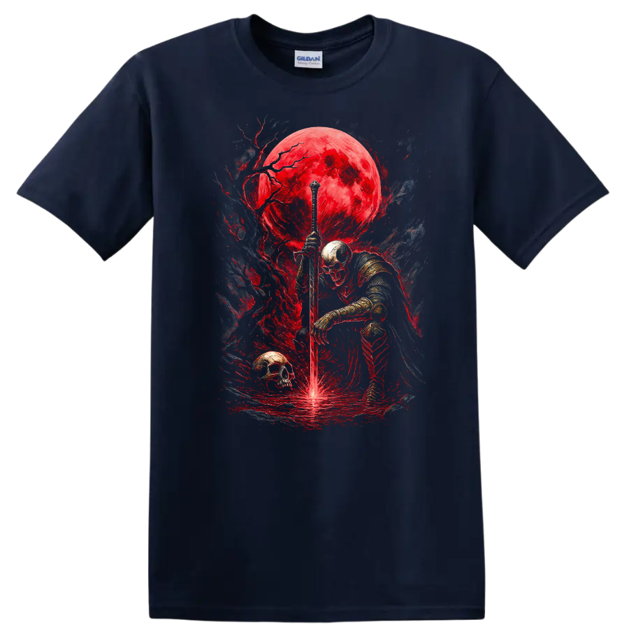 Armored skeletal knight with sword, skulls, and crimson moon in gothic fantasy art on a Navy (Blue) T Shirt
