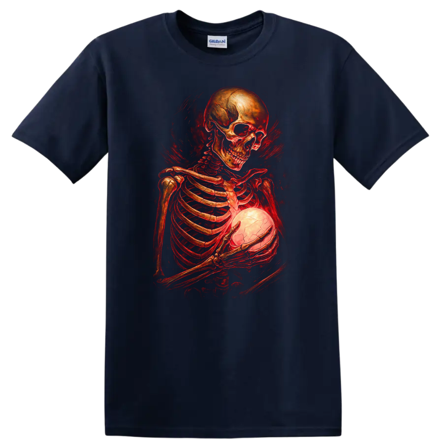 Gothic skeleton holding a glowing cracked orb in red vintage horror art on a Navy (Blue) T Shirt