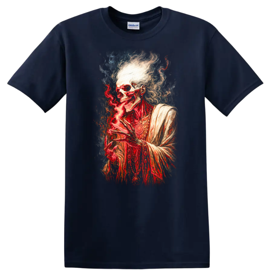 Gothic robed skeleton conjuring red flame in a detailed dark fantasy illustration on a Navy (Blue) T Shirt