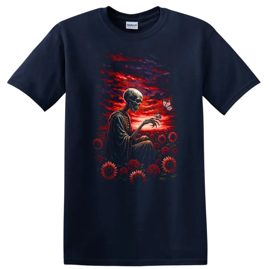 Vintage-style skeleton with red roses, flowers, butterflies, and a dramatic sky on a Navy (Blue) T Shirt