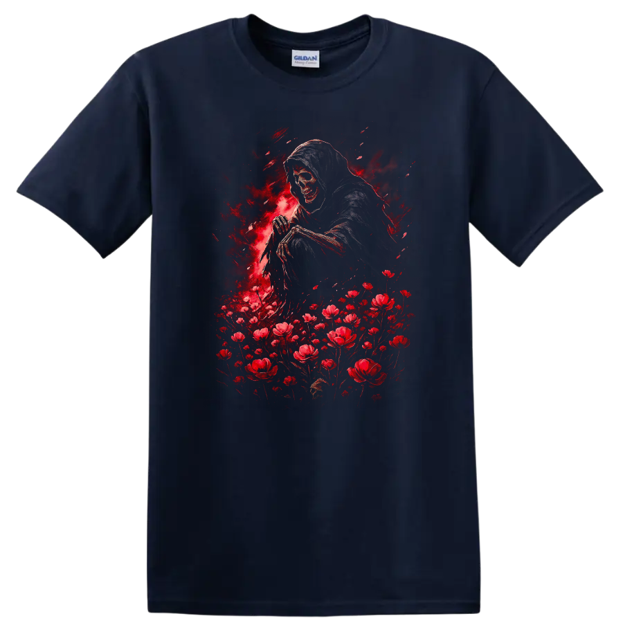 Hooded grim reaper skull with red flowers in distressed gothic illustration on a Navy (Blue) T Shirt