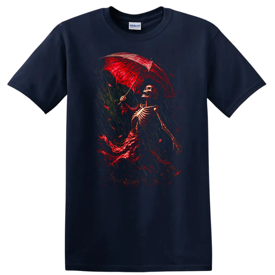 Vintage Gothic skeleton walking in rain beneath a red umbrella on a Navy (Blue) T Shirt