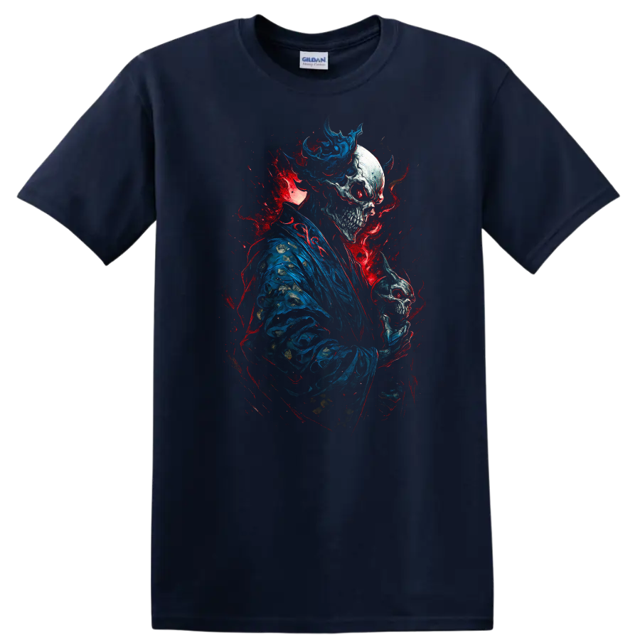 Crowned skeleton in blue robes holding a skull amid red and blue gothic splatter on a Navy (Blue) T Shirt