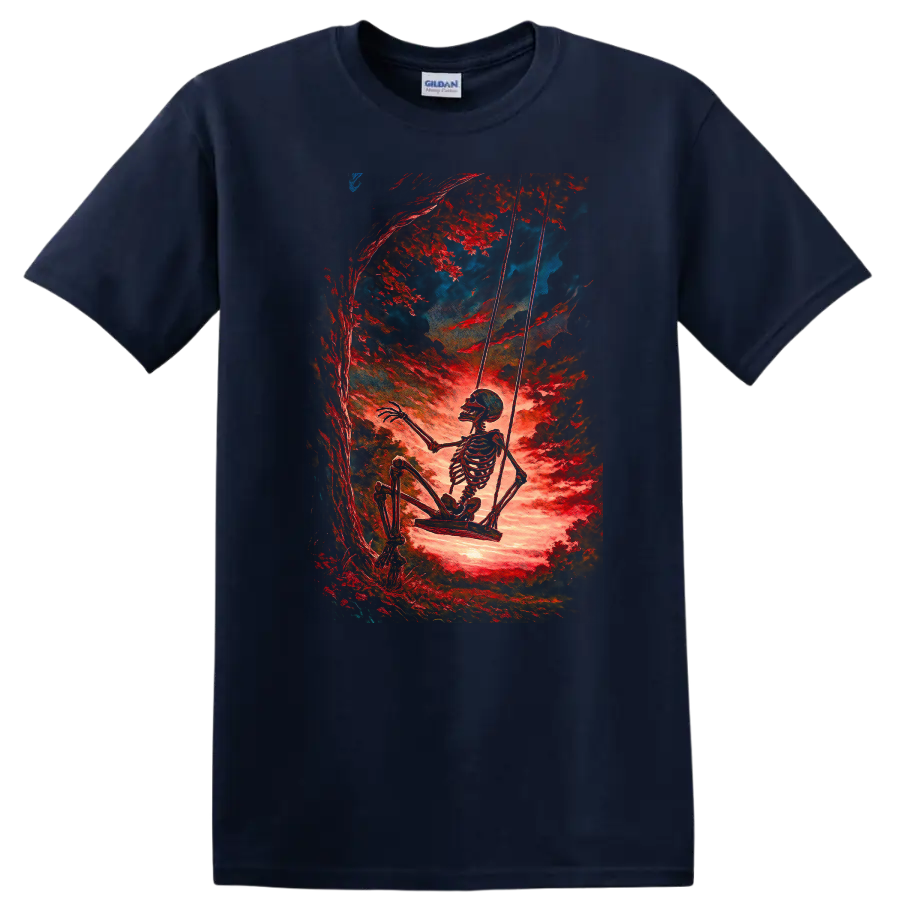 Vintage skeleton swinging beneath red trees in surreal gothic forest art on a Navy (Blue) T Shirt