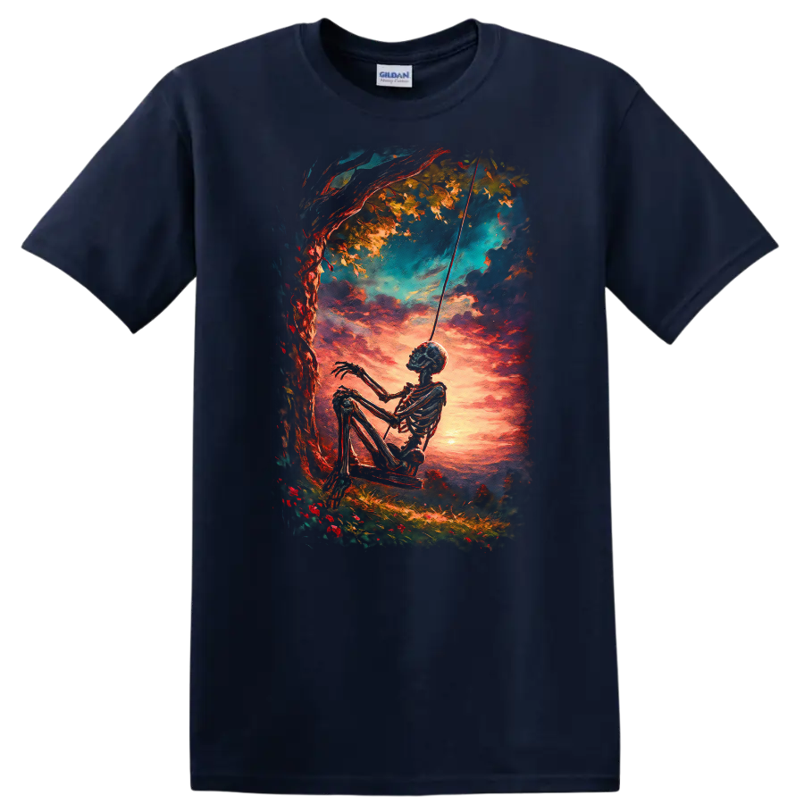 Vintage gothic skeleton on a swing beneath a tree at a vivid sunset on a Navy (Blue) T Shirt