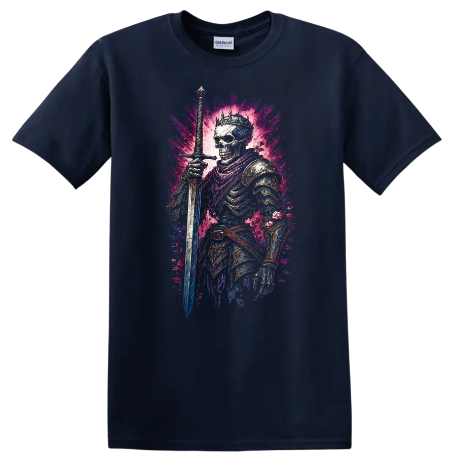 Crowned skeleton warrior with sword, ornate armor, and vivid floral gothic artwork on a Navy (Blue) T Shirt