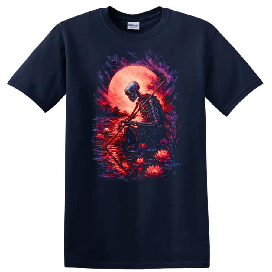 Moonlit skeleton with staff, lotus flowers, reflective water, and gothic full moon art on a Navy (Blue) T Shirt
