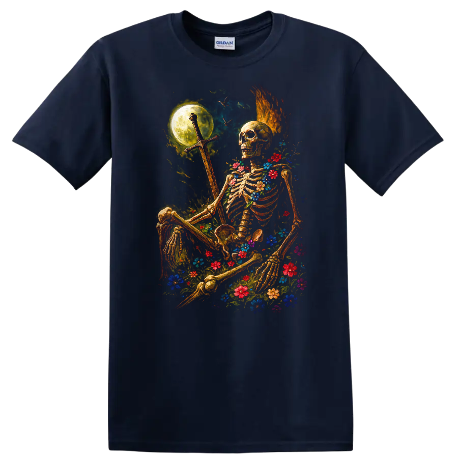 Moonlit floral skeleton holding a sword in a gothic flower-filled night scene on a Navy (Blue) T Shirt