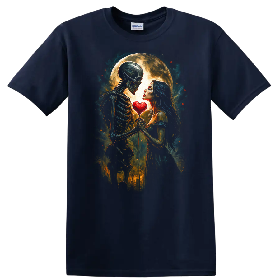 Romantic skeleton and woman holding a heart beneath a full moon in gothic art on a Navy (Blue) T Shirt