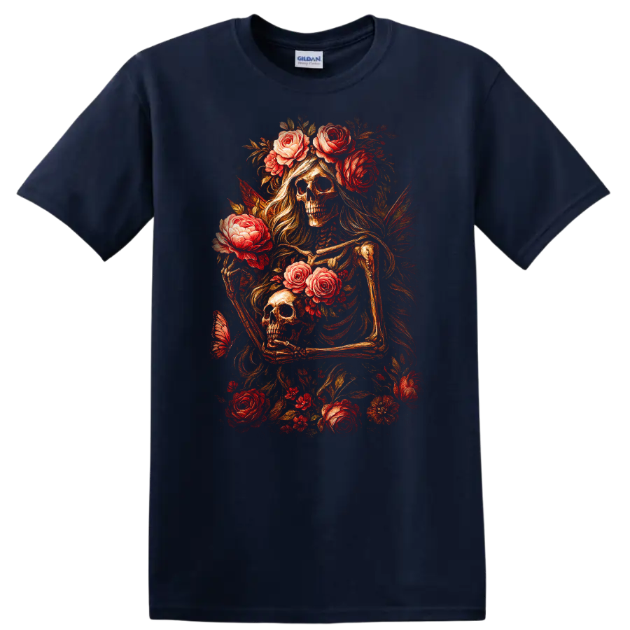 Vintage gothic skeletal figures and skulls surrounded by red roses and foliage on a Navy (Blue) T Shirt