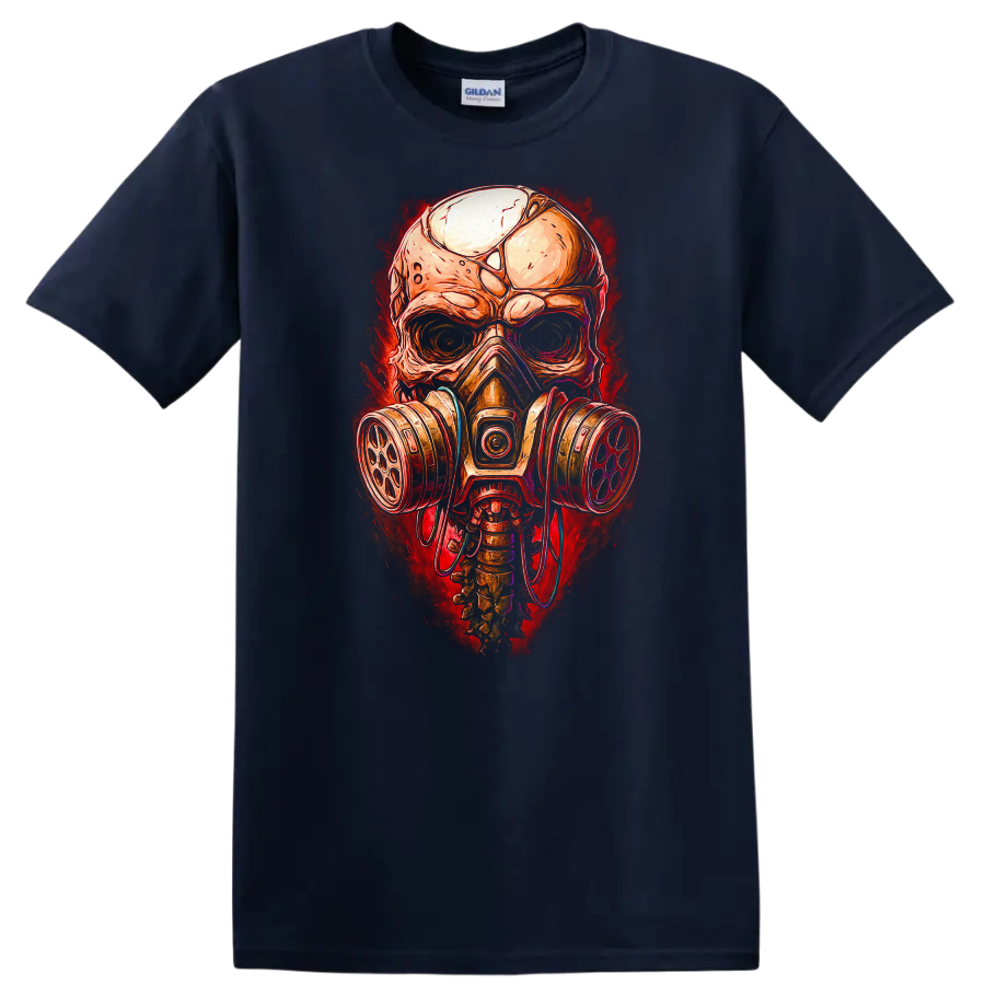 Gothic illustrated skull wearing a gas mask with distressed red horror-art backdrop on a Navy (Blue) T Shirt