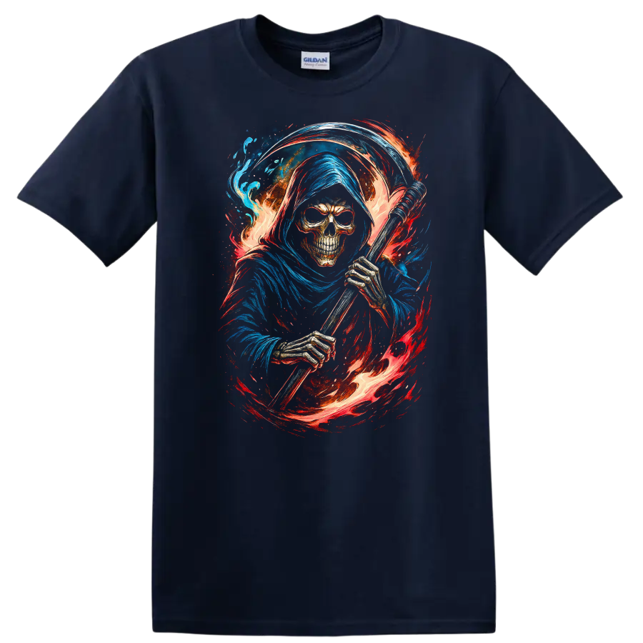 Hooded Grim Reaper skeleton with scythe, swirling flames, and blue gothic artwork on a Navy (Blue) T Shirt