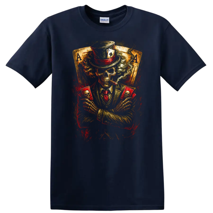 Vintage gothic skeleton poker player in top hat holding skull cards before ace cards on a Navy (Blue) T Shirt