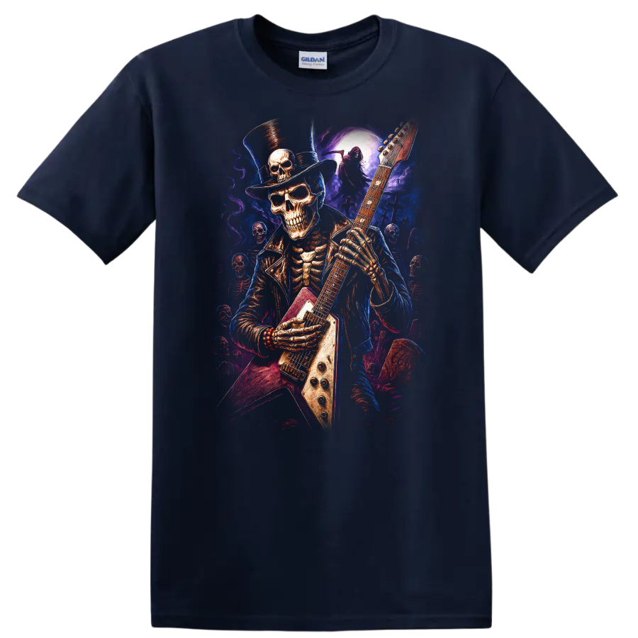 Top-hatted skeleton guitarist in vivid gothic moonlit graveyard art on a Navy (Blue) T Shirt