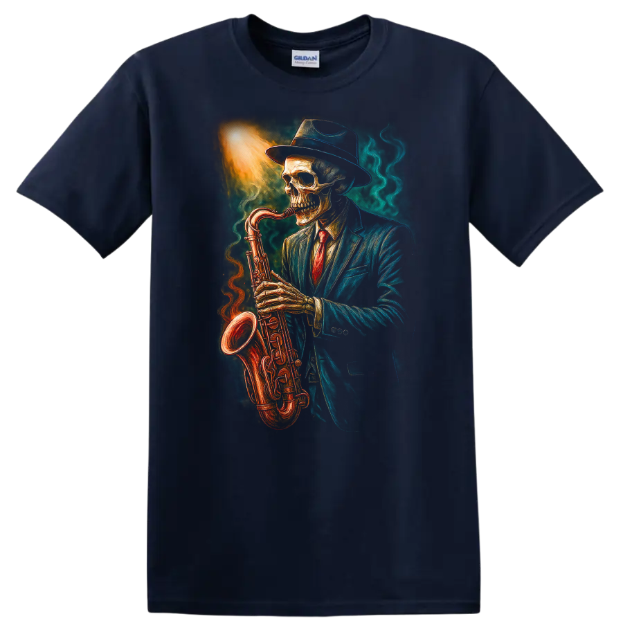 Vintage gothic skeleton in a suit and hat playing a glowing saxophone on a Navy (Blue) T Shirt