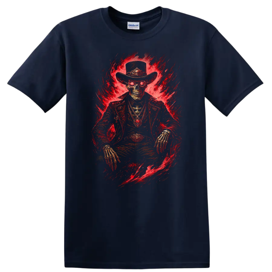Skeleton cowboy in a wide-brim hat with fiery red gothic horror artwork on a Navy (Blue) T Shirt
