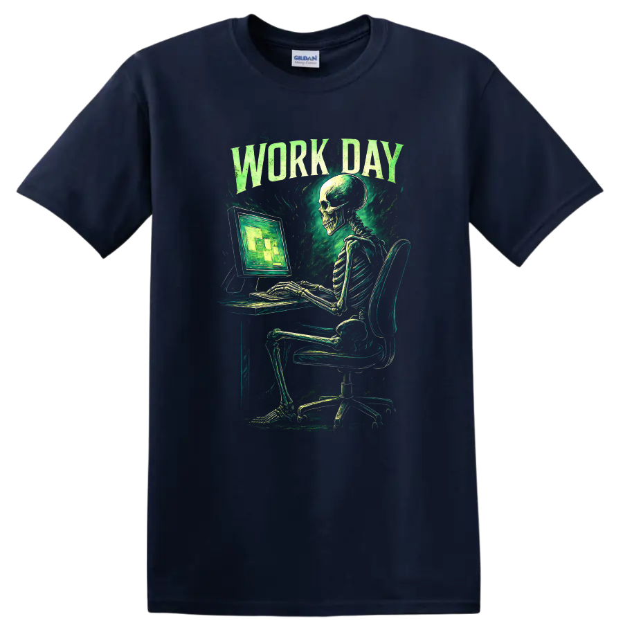 Work Day skeleton at computer in distressed vintage gothic green graphic on a Navy (Blue) T Shirt