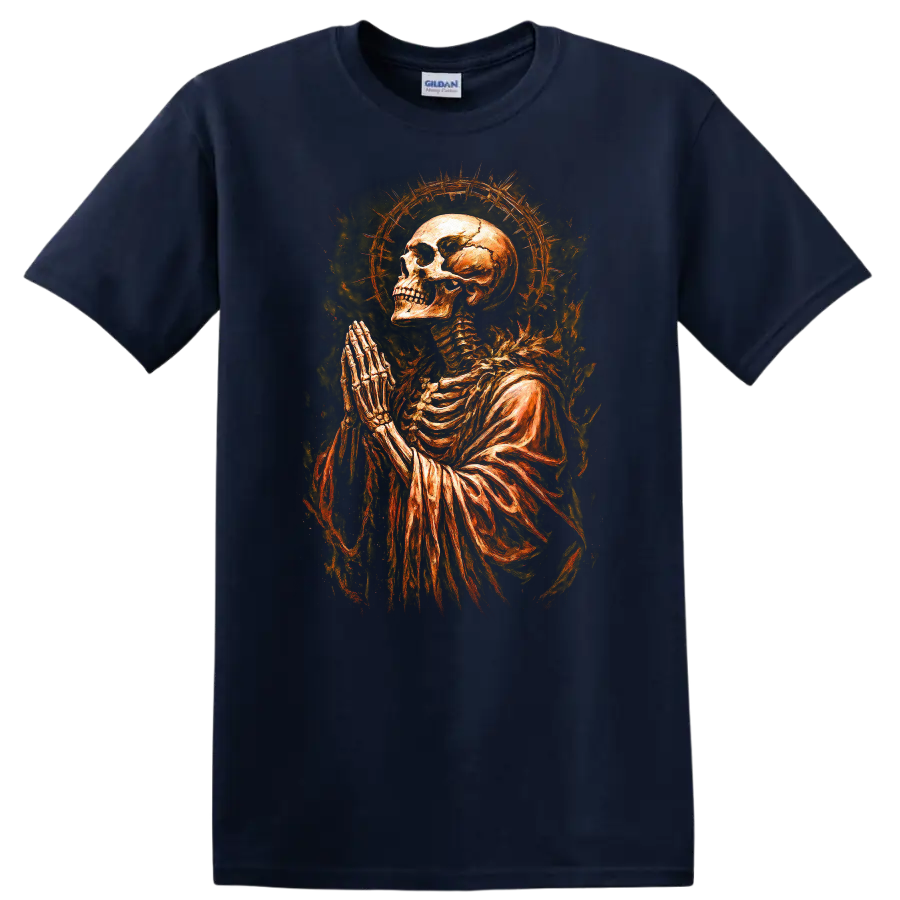 Praying skeleton skull with fiery halo in vintage gothic dark-art style on a Navy (Blue) T Shirt