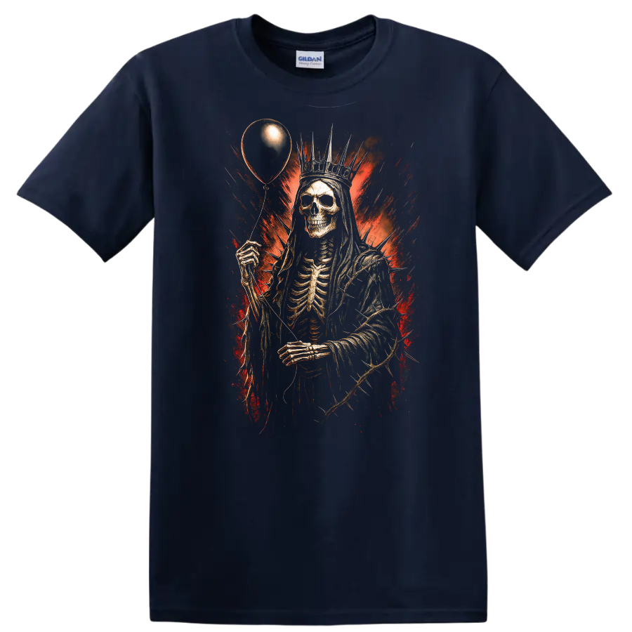 Crowned skeleton holding a balloon in distressed red and black gothic horror art on a Navy (Blue) T Shirt