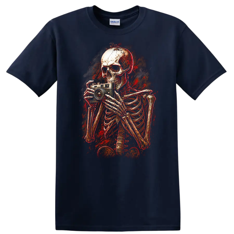 Distressed gothic skeleton photographer holding a vintage camera horror art graphic on a Navy (Blue) T Shirt