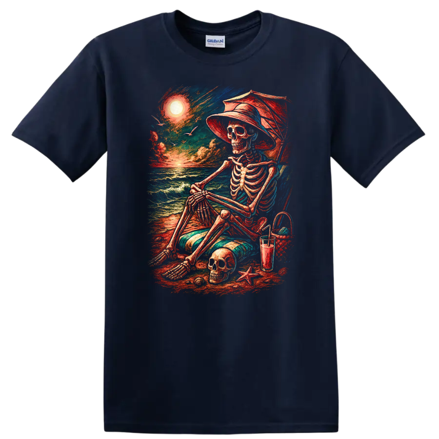 Vintage-style skeleton in beach chair with skull, ocean waves, hat, and sunset on a Navy (Blue) T Shirt