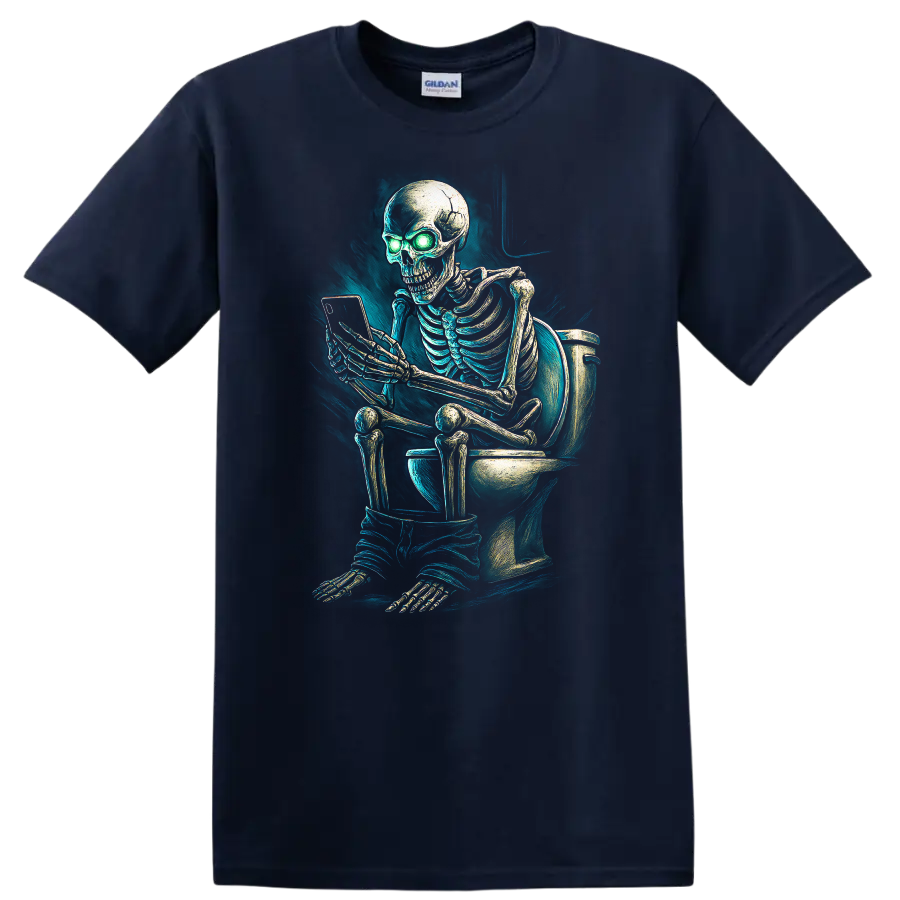 Vintage gothic skeleton on toilet using phone with glowing green eyes on a Navy (Blue) T Shirt