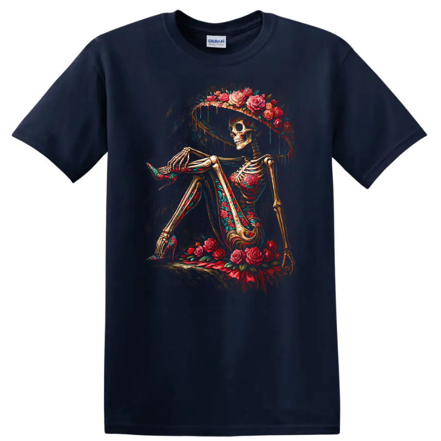 Vintage gothic skeleton in a wide-brim hat surrounded by red roses on a Navy (Blue) T Shirt