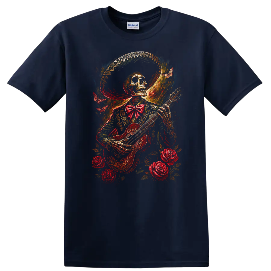 Vintage gothic skeleton guitarist with roses, butterflies, and ornate wide-brimmed hat on a Navy (Blue) T Shirt