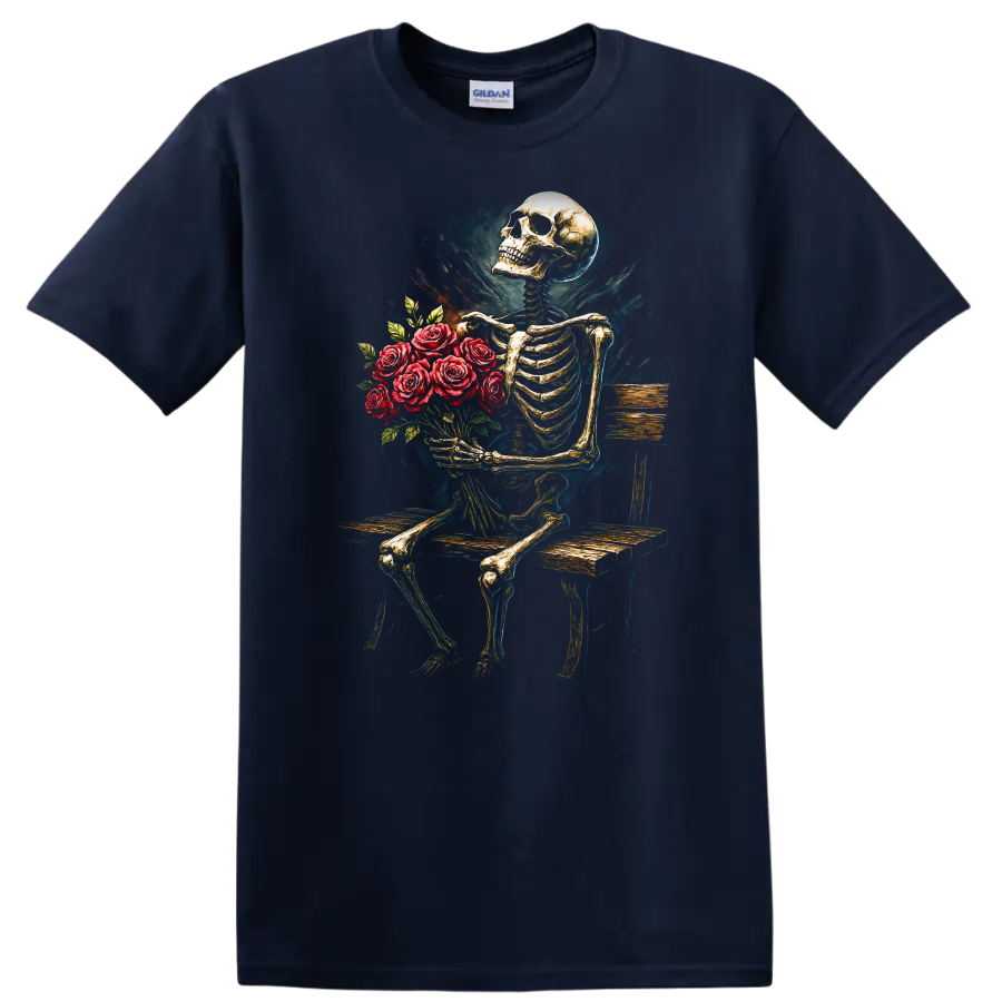 Vintage gothic skeleton holding a bouquet of red roses while seated on a wooden bench on a Navy (Blue) T Shirt