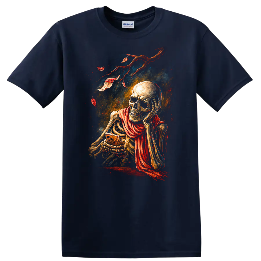 Vintage gothic skeleton skull illustration with flowing red scarf and distressed ribbons on a Navy (Blue) T Shirt