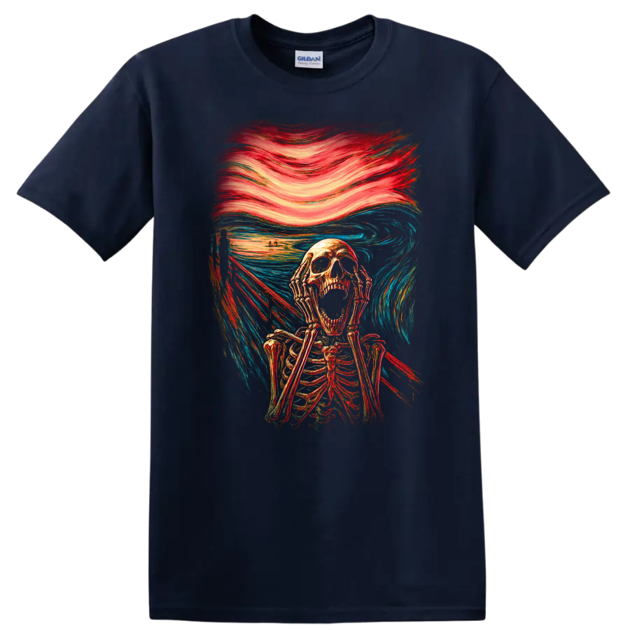 Screaming skeleton in vintage gothic horror art with swirling red and blue brushwork on a Navy (Blue) T Shirt