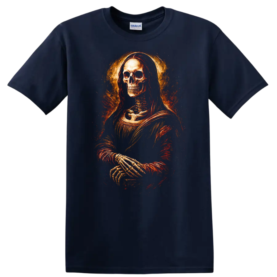 Vintage gothic skeleton portrait with crossed hands and fiery distressed halo on a Navy (Blue) T Shirt