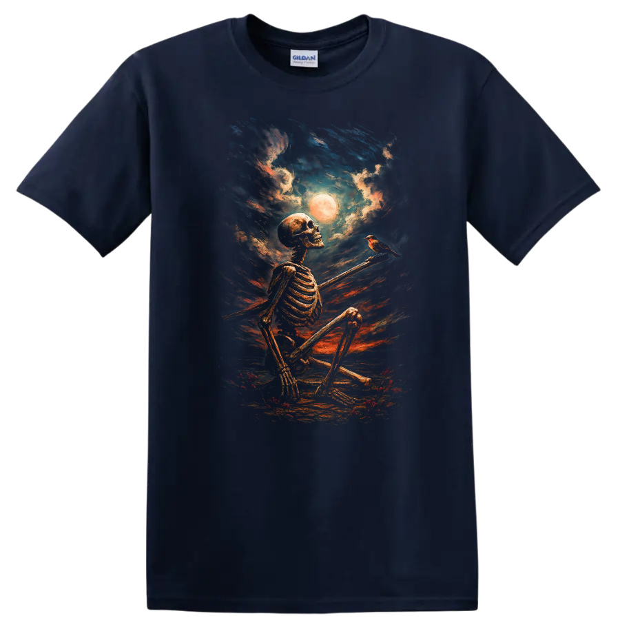 Vintage gothic painting of seated skeleton, bird, full moon, and dramatic night sky on a Navy (Blue) T Shirt
