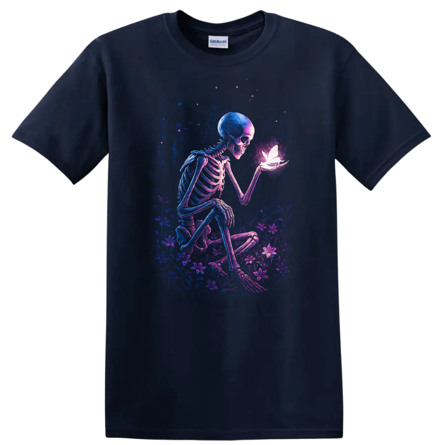 Gothic skeleton holding a glowing butterfly amid neon wildflowers on a Navy (Blue) T Shirt