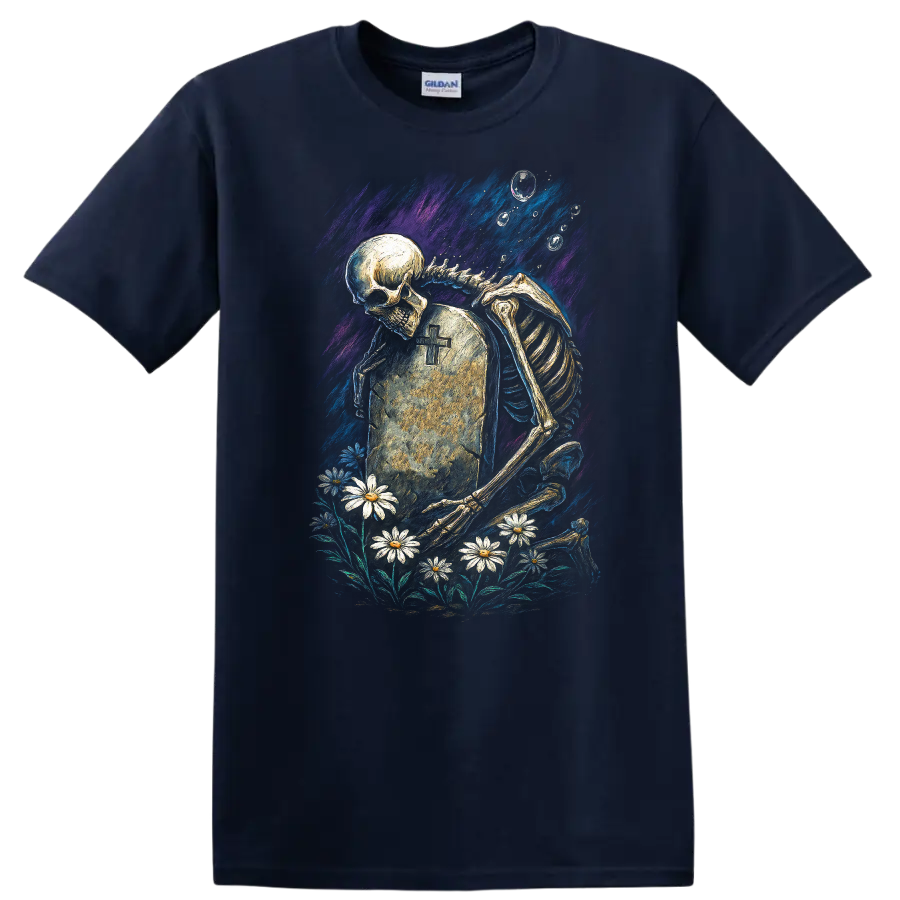 Skeleton mourning beside a cross tombstone and daisies in vintage gothic artwork on a Navy (Blue) T Shirt