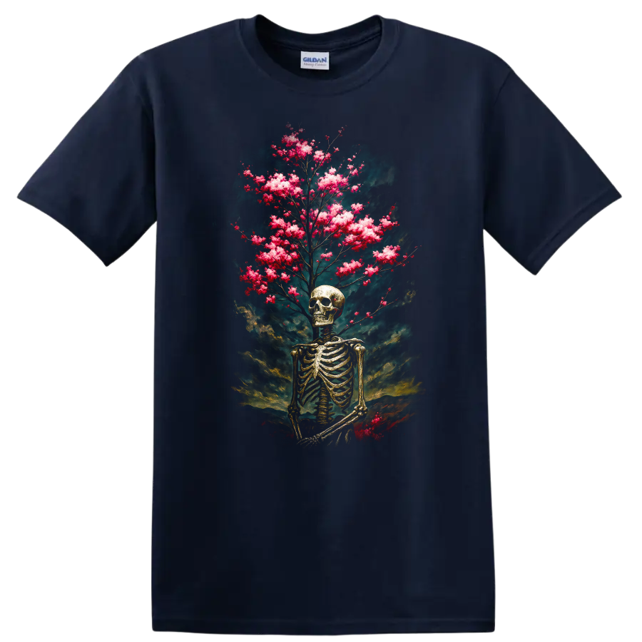 Vintage gothic skeleton skull with pink blooming branches and smoky teal backdrop on a Navy (Blue) T Shirt