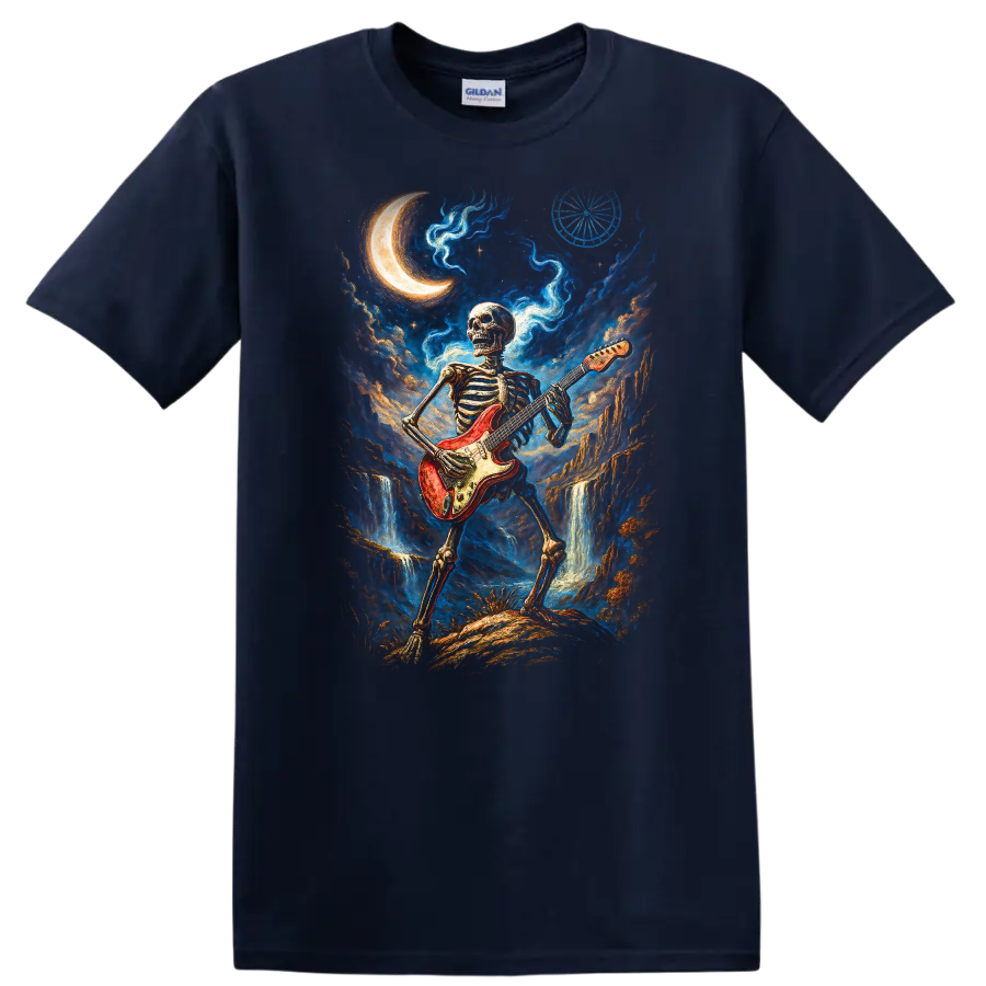 Skeleton guitarist with red electric guitar in moonlit gothic fantasy art on a Navy (Blue) T Shirt