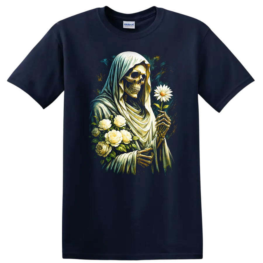 Vintage gothic hooded skeleton holding a white daisy with roses on a Navy (Blue) T Shirt