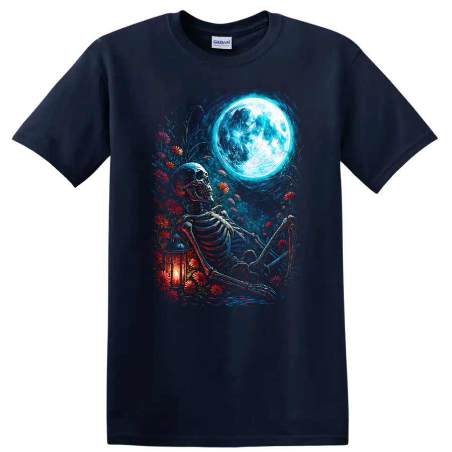 Vintage gothic skeleton resting among wildflowers beneath a full moon with lantern on a Navy (Blue) T Shirt