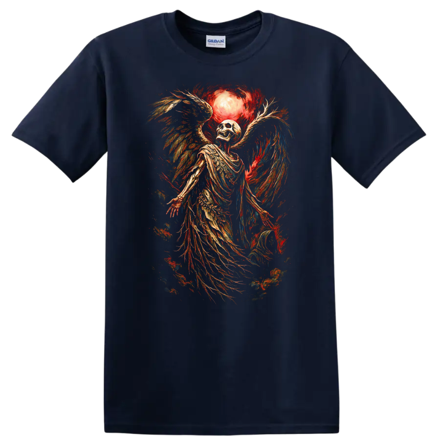 Vintage winged skeleton skull beneath a glowing moon in distressed gothic art on a Navy (Blue) T Shirt