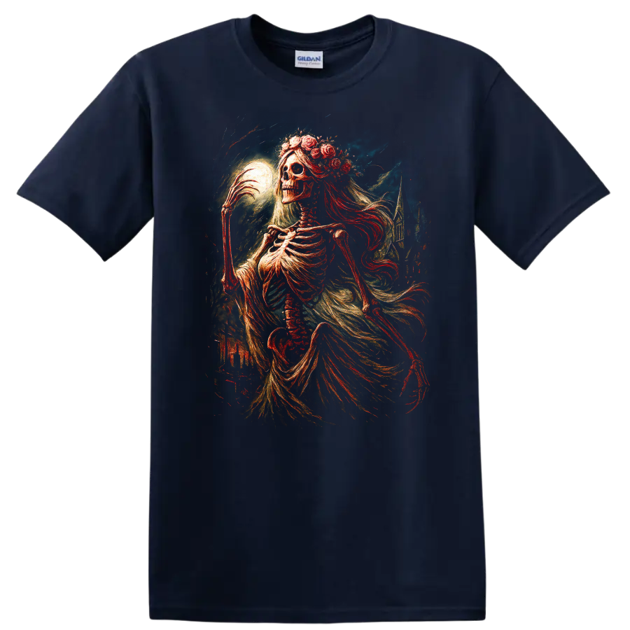Moonlit floral skeleton in ornate vintage gothic art with flowing drapery on a Navy (Blue) T Shirt