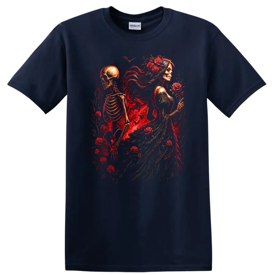 Vintage gothic skeletal woman and skeleton surrounded by red roses on a Navy (Blue) T Shirt