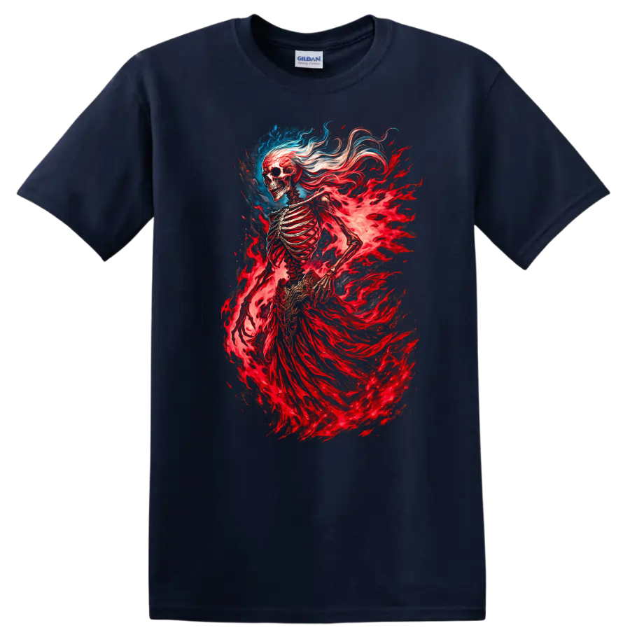 Flaming skeleton spirit with red spectral energy in detailed gothic fantasy art on a Navy (Blue) T Shirt