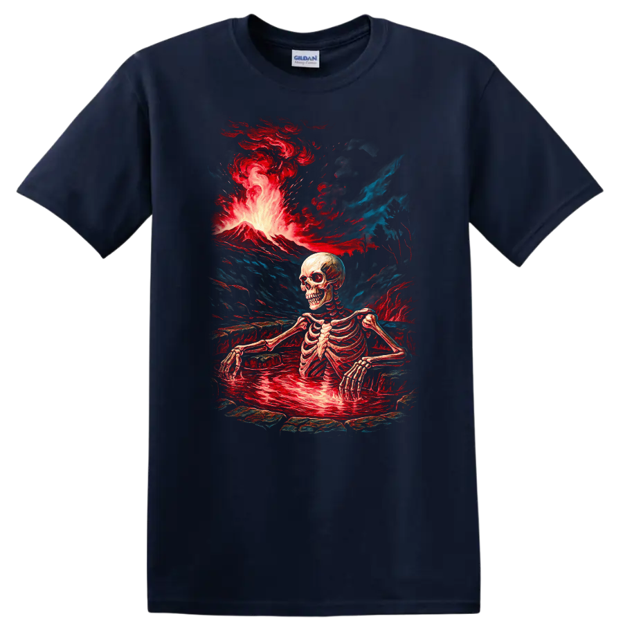 Vintage gothic skeleton standing in a lava pool beneath an erupting volcano on a Navy (Blue) T Shirt