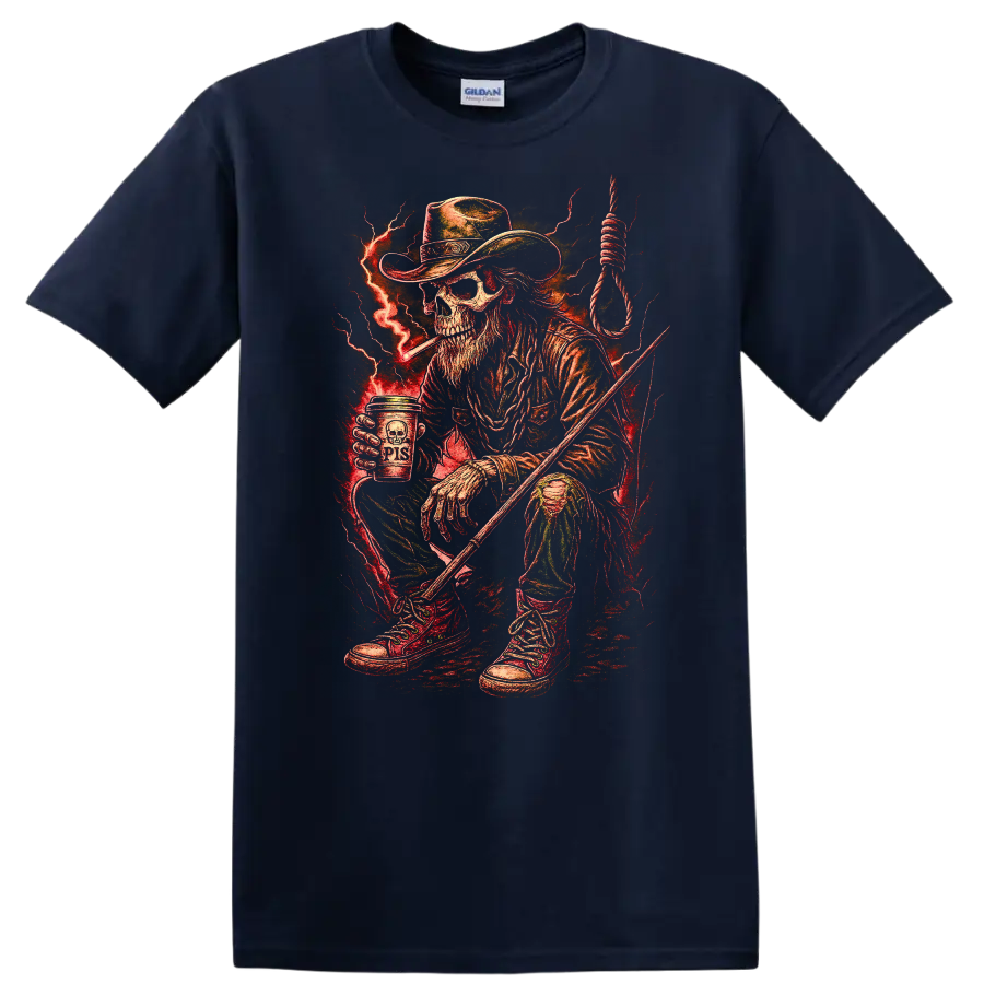 Vintage Gothic skeleton cowboy with red lightning, noose, boots, and rugged Western art on a Navy (Blue) T Shirt