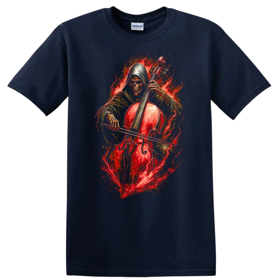 Hooded skeleton cellist with a red cello surrounded by fiery gothic artwork on a Navy (Blue) T Shirt