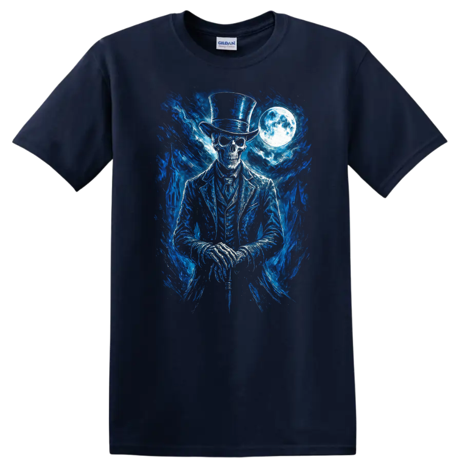 Moonlit gothic skeleton in top hat with blue spectral art and full moon on a Navy (Blue) T Shirt